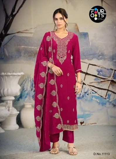 Roza By Fourdots Crush Velvet Cording And Mirror Work Dress Material 